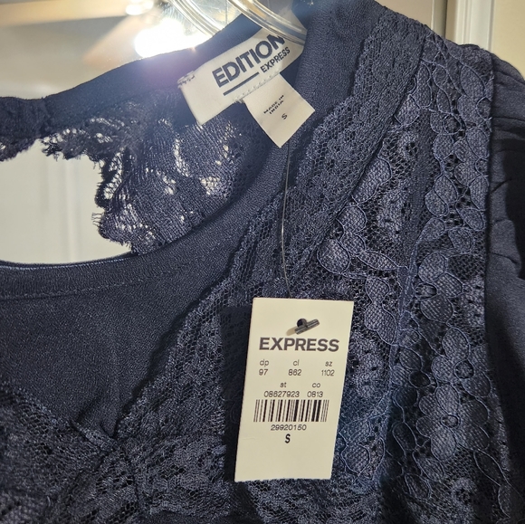 Express Navy Blue Lace Open Back Top Blouse - Picture 9 of 10